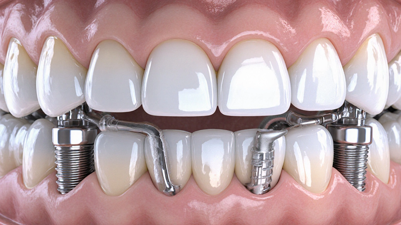 Průřez hybridní zubní náhradou s implantáty a keramickými zuby na kostní základně.