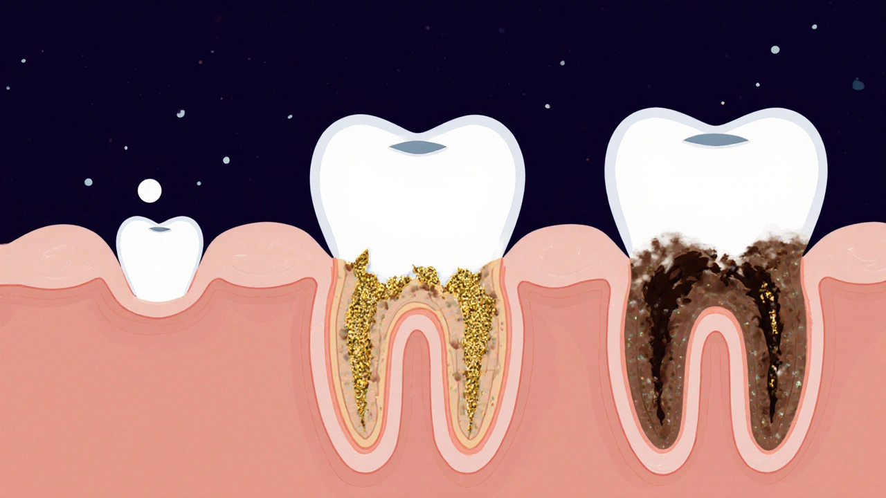 Průřez zubem ukazující postupný vývoj kazu od povrchu do hloubky.