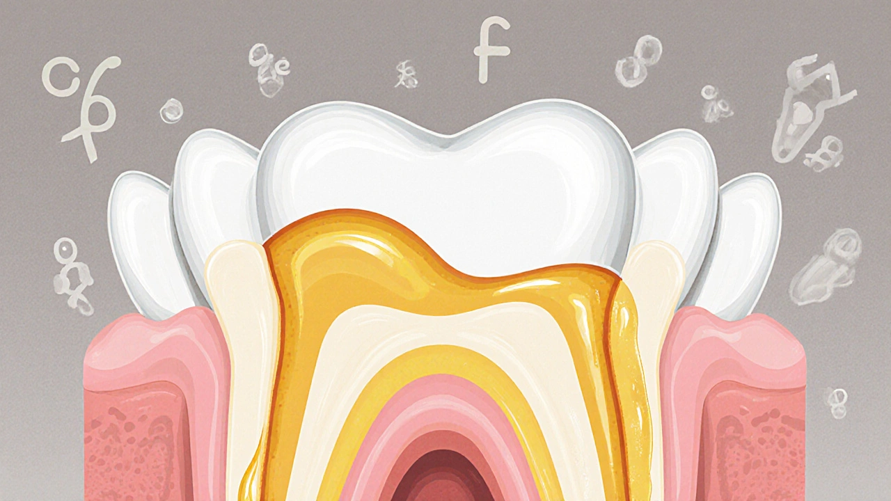 Průřez zubu s gelovým bělícím prostředkem pronikajícím do skloviny a rozkládajícím tmavé pigmenty.