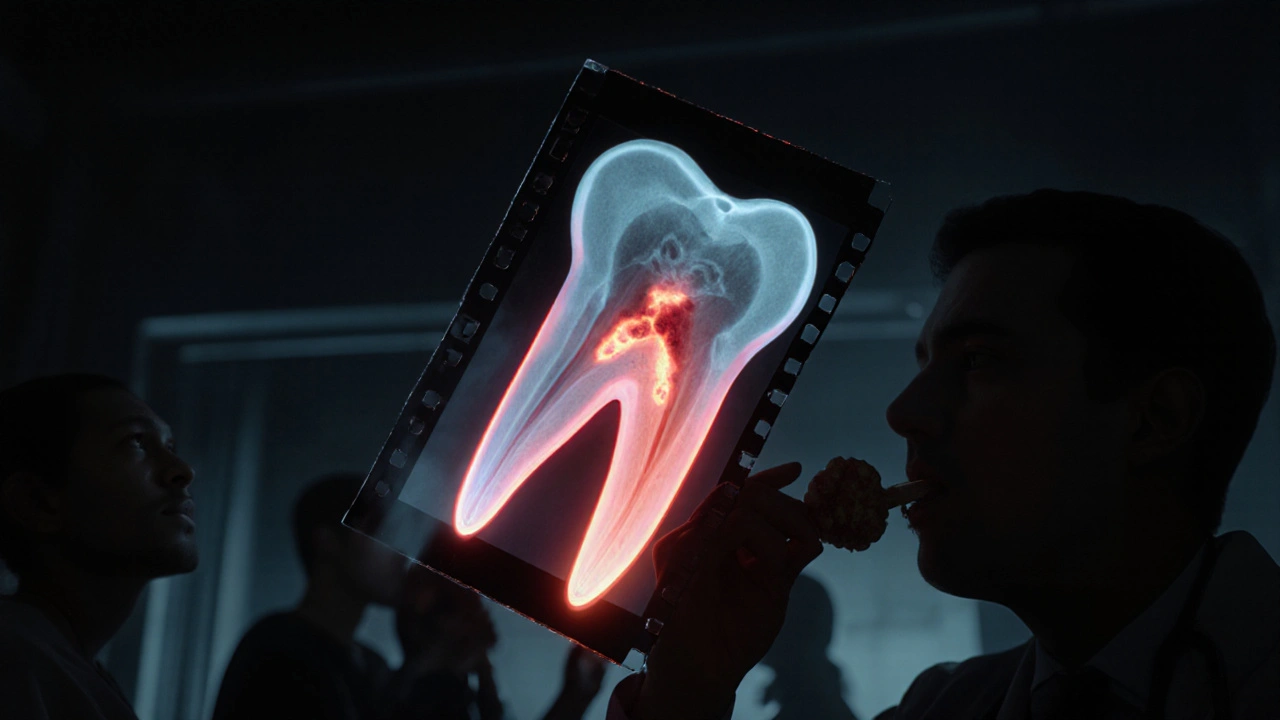 Rentgenový snímek zubu s neviditelným kazem, který se rozšiřuje pod smaltou.