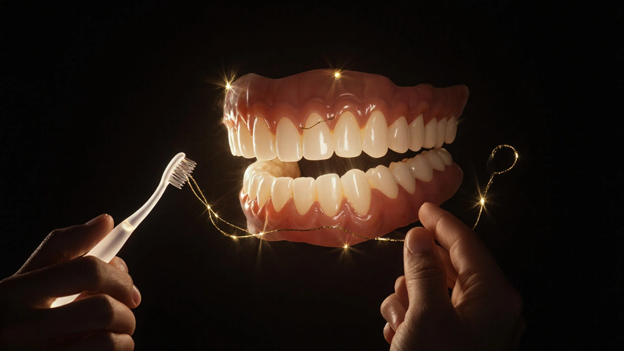 Ruka drží kartáček a nit, z nichž vychází zlaté záře jako ochranný štít pro zuby.