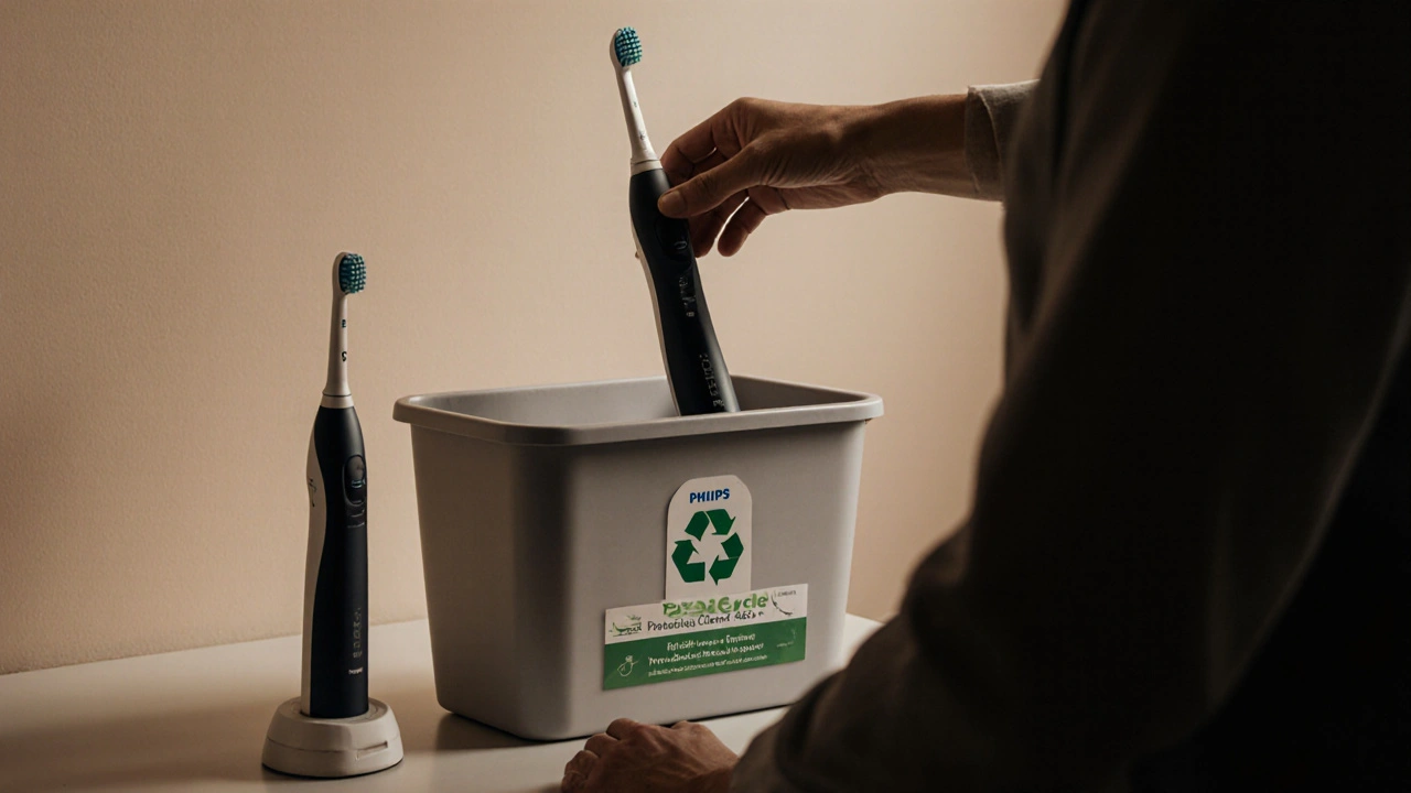 Ruka ukládá starý elektrokartáček do sběrného kontejneru v zubní klinice, vedle něj nový model.