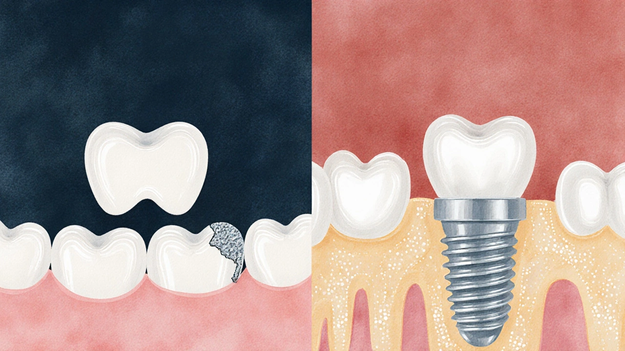 Side-by-side comparison of a dental bridge damaging adjacent teeth versus a single implant preserving them.