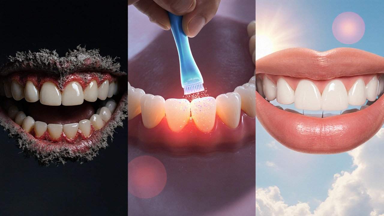 Srovnání zdraví zubů: špinavé a zánětlivé na levé straně, čisté a zdravé na pravé, s nití jako přechodem.