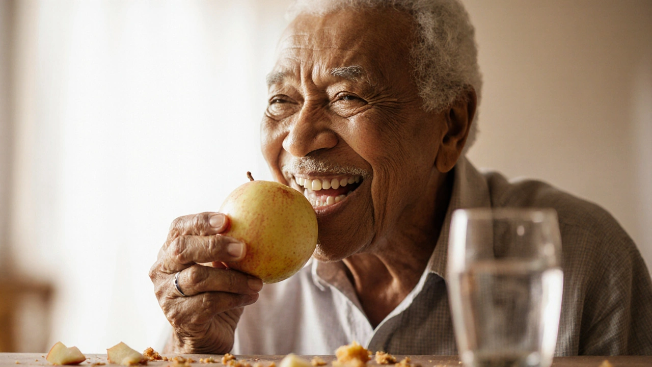 Stará žena se usmívá, když jí zubní protéza pevně drží při jídle jablka.