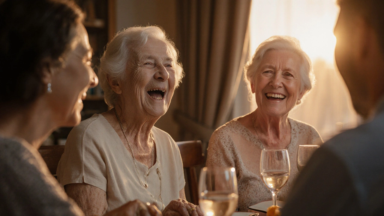 Starší žena se směje s rodinou, její tvář je podporována zdravou čelistí
