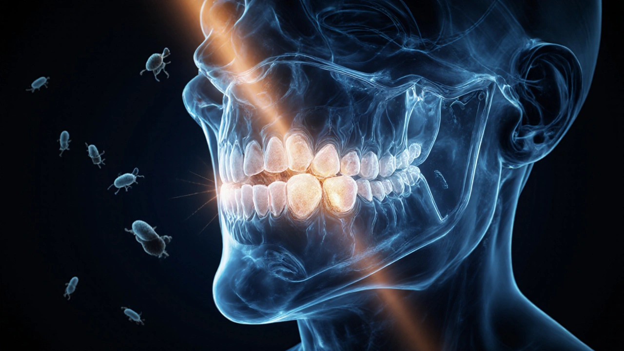 Transparentní ústa s plakem a fluoridovou ochranou.