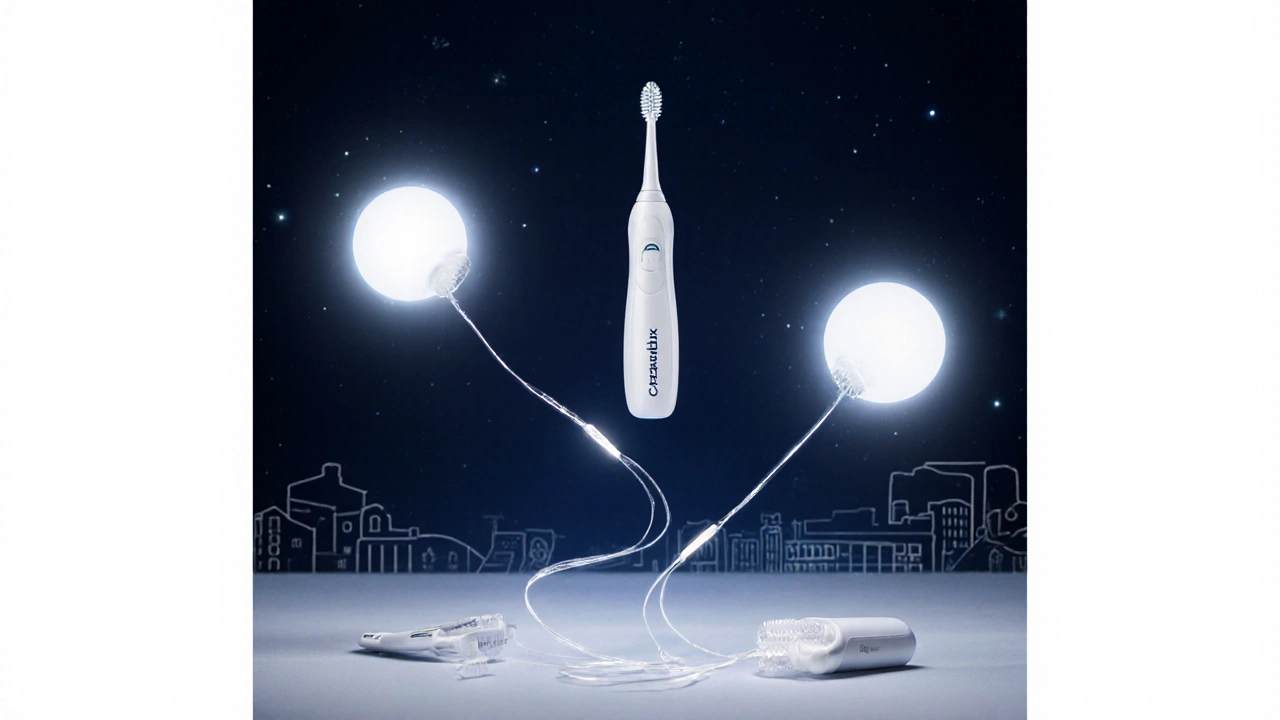 Tři modely Curaprox kartáčků ve vzduchu s propojením k mezizubním kartáčkům a nití.