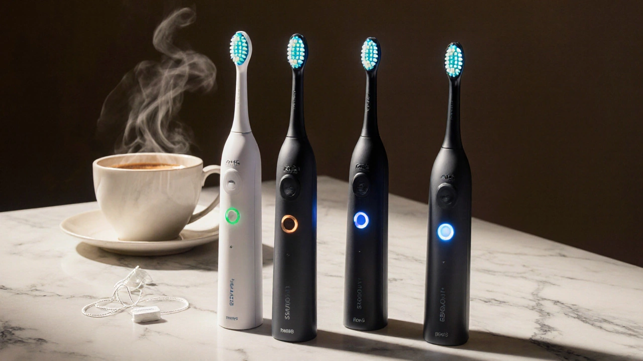 Tři modely sonických kartáčků na stole vedle šálku kávy a mezizubní nití.