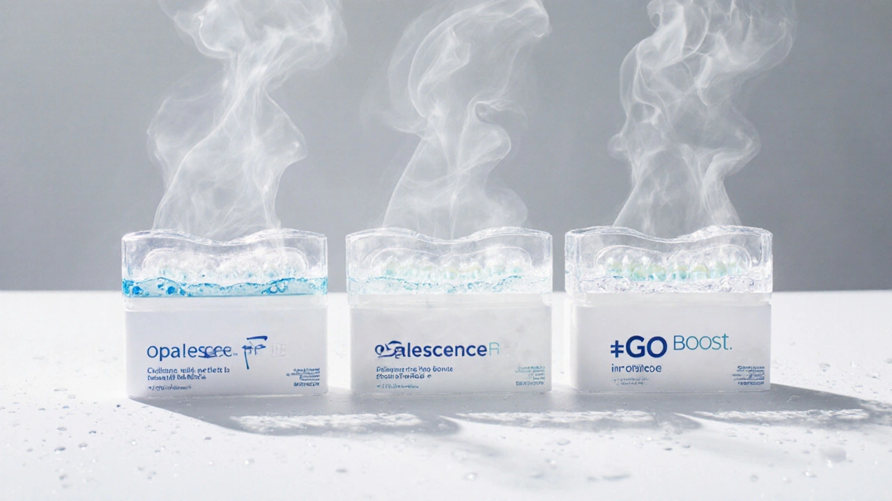 Tři typy zubních šátečků Opalescence uspořádané vedle sebe na čistém povrchu s vodními kapkami.