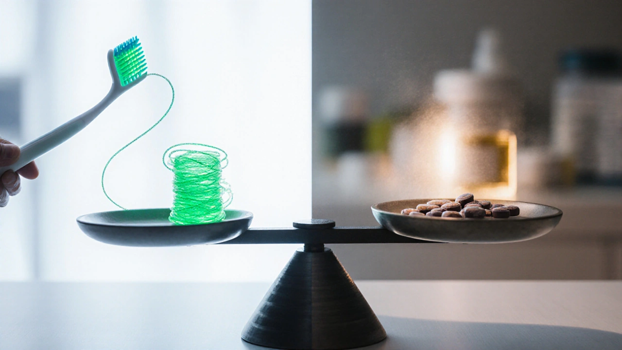 Váha s kartáčkem a homeopatickými tabletkami, symbolizující vědu a alternativní léčbu.