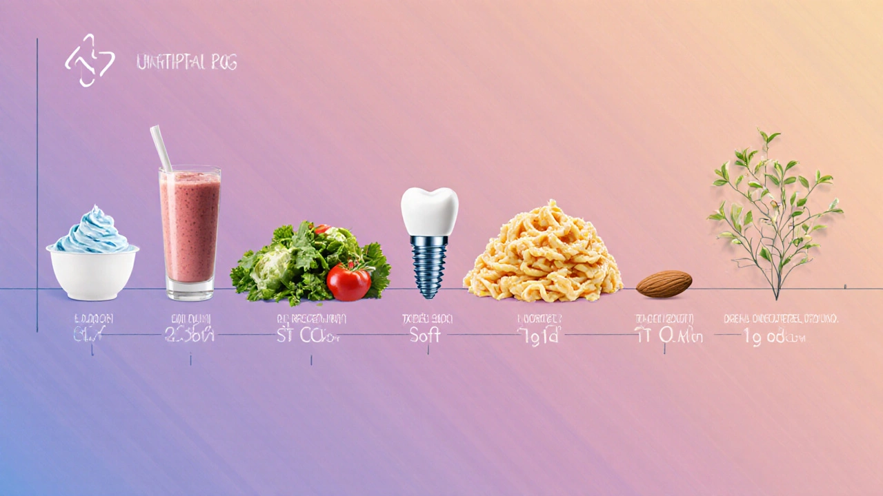 Vývoj kosti kolem implantátu od měkké stravy k úplnému hojení.