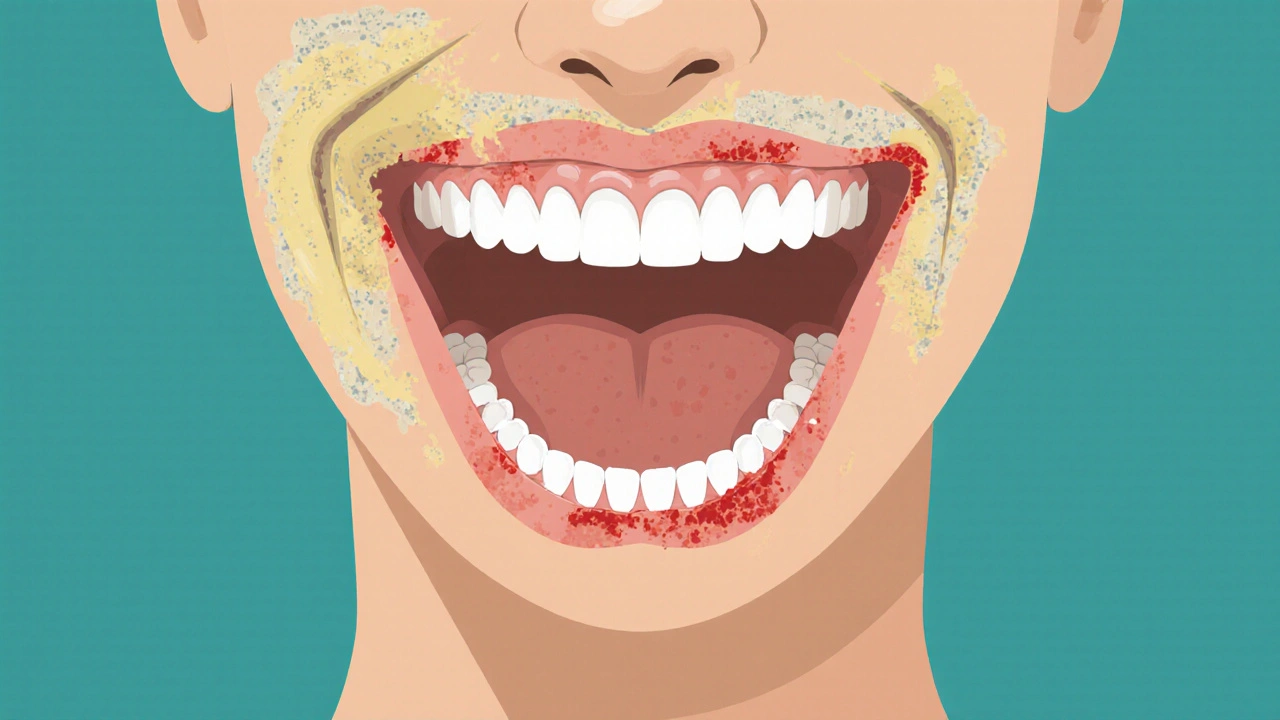 Zjednodušený náčrt ústní dutiny s viditelným plakem a zánětem dásní.