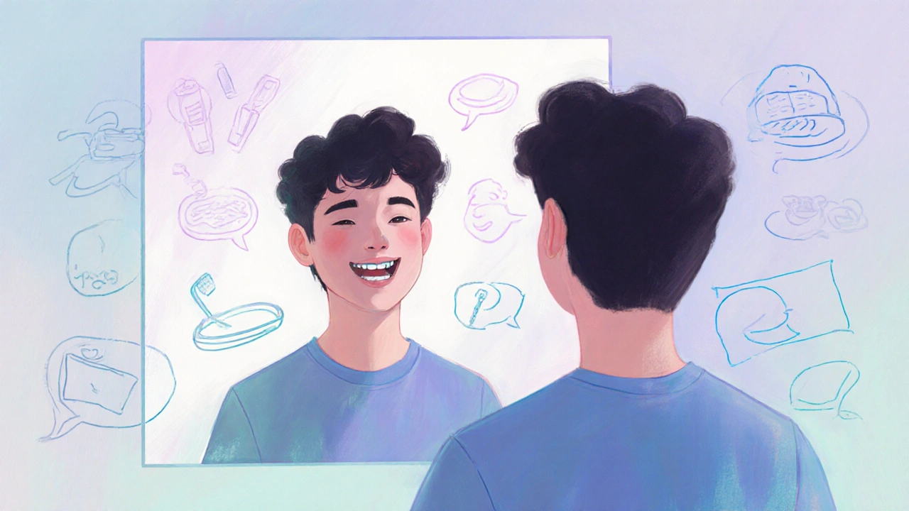 Zrcadlový obraz osoby s rovnátky a bez nich, symbolizující přeměnu.