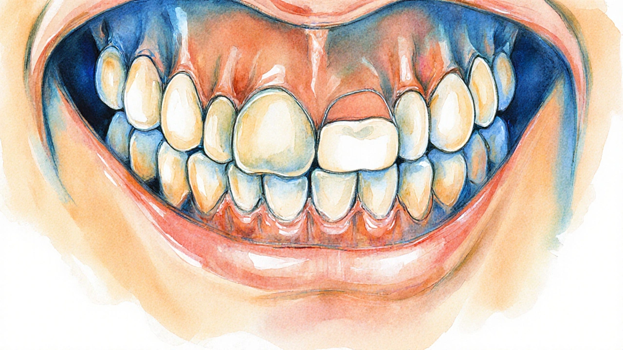 Zub moudrosti rostoucí šikmo a tlačící na sousední zub v čelisti.