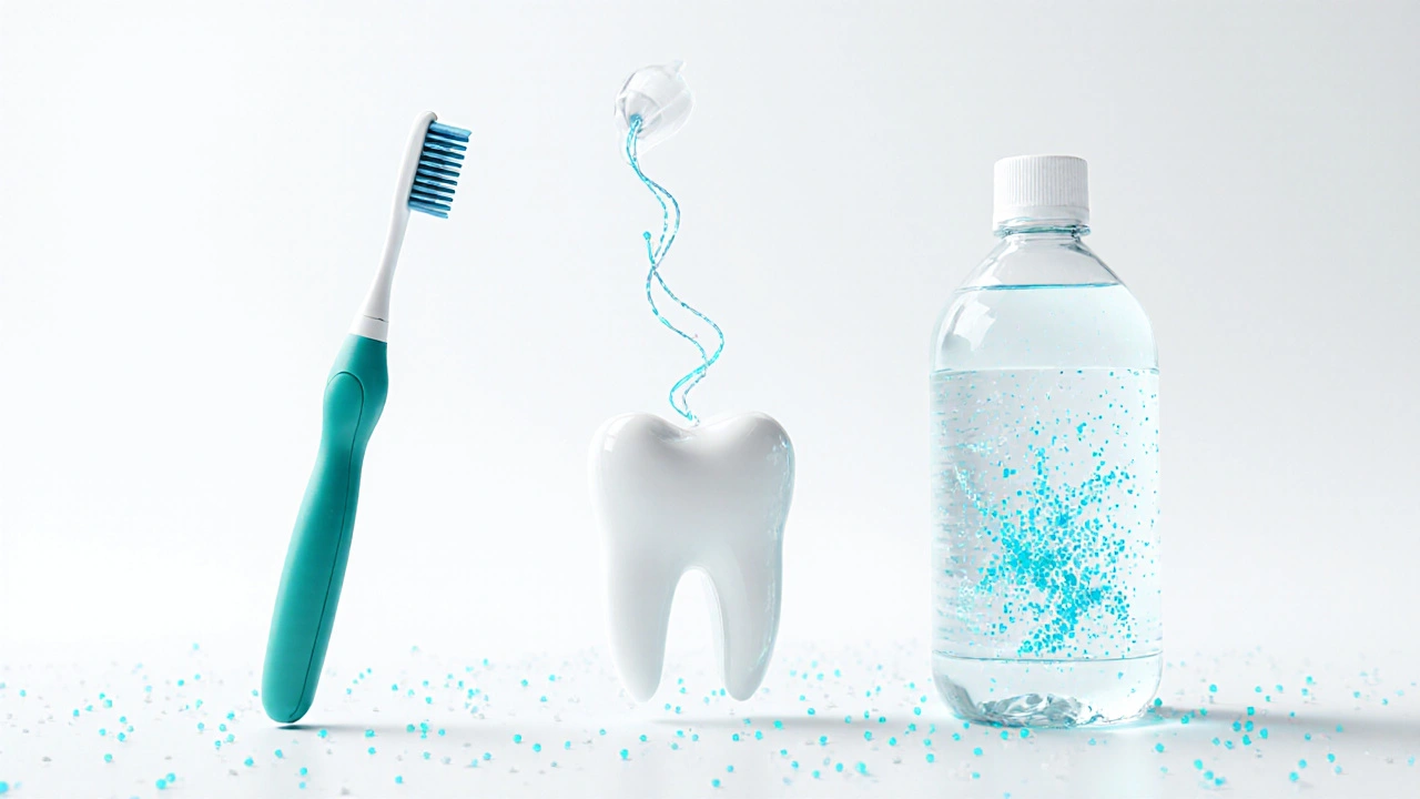 Zubní kartáček s enzymy a nit odstraňují plak a barviva z zubů.