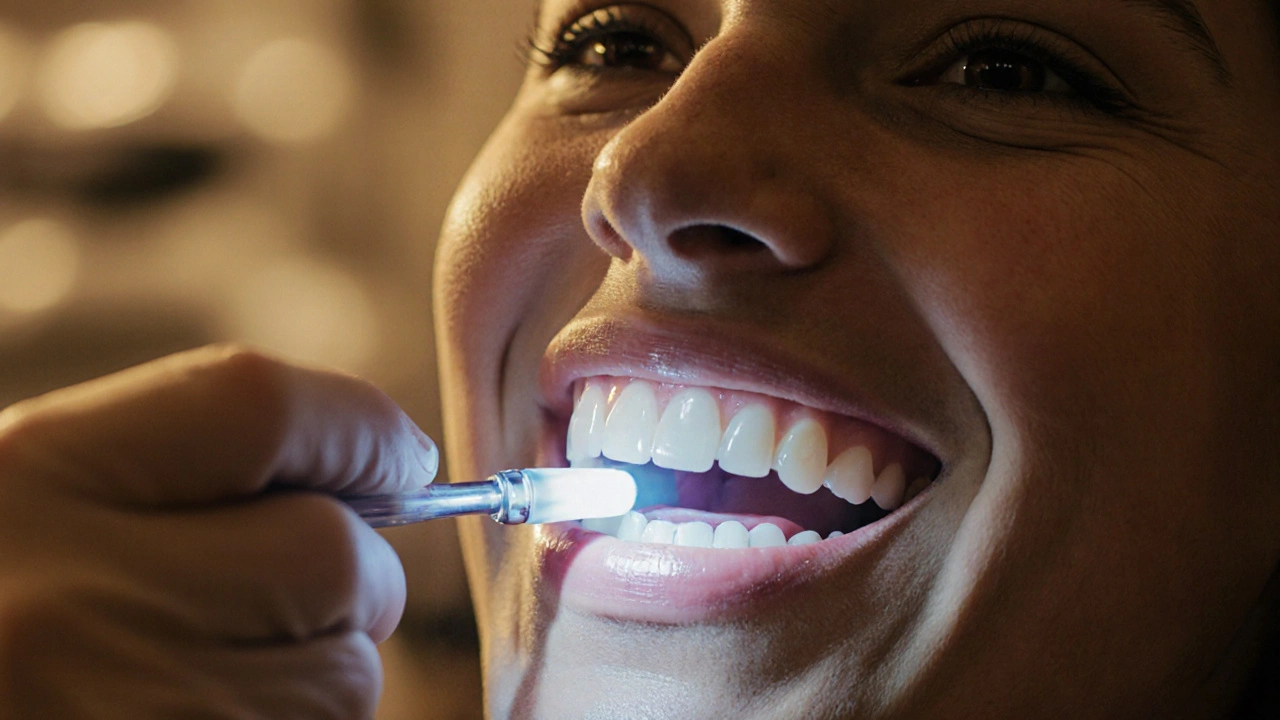 Zubní lékař aplikuje bělicí geľ na zuby pod LED světlem v ordinaci.