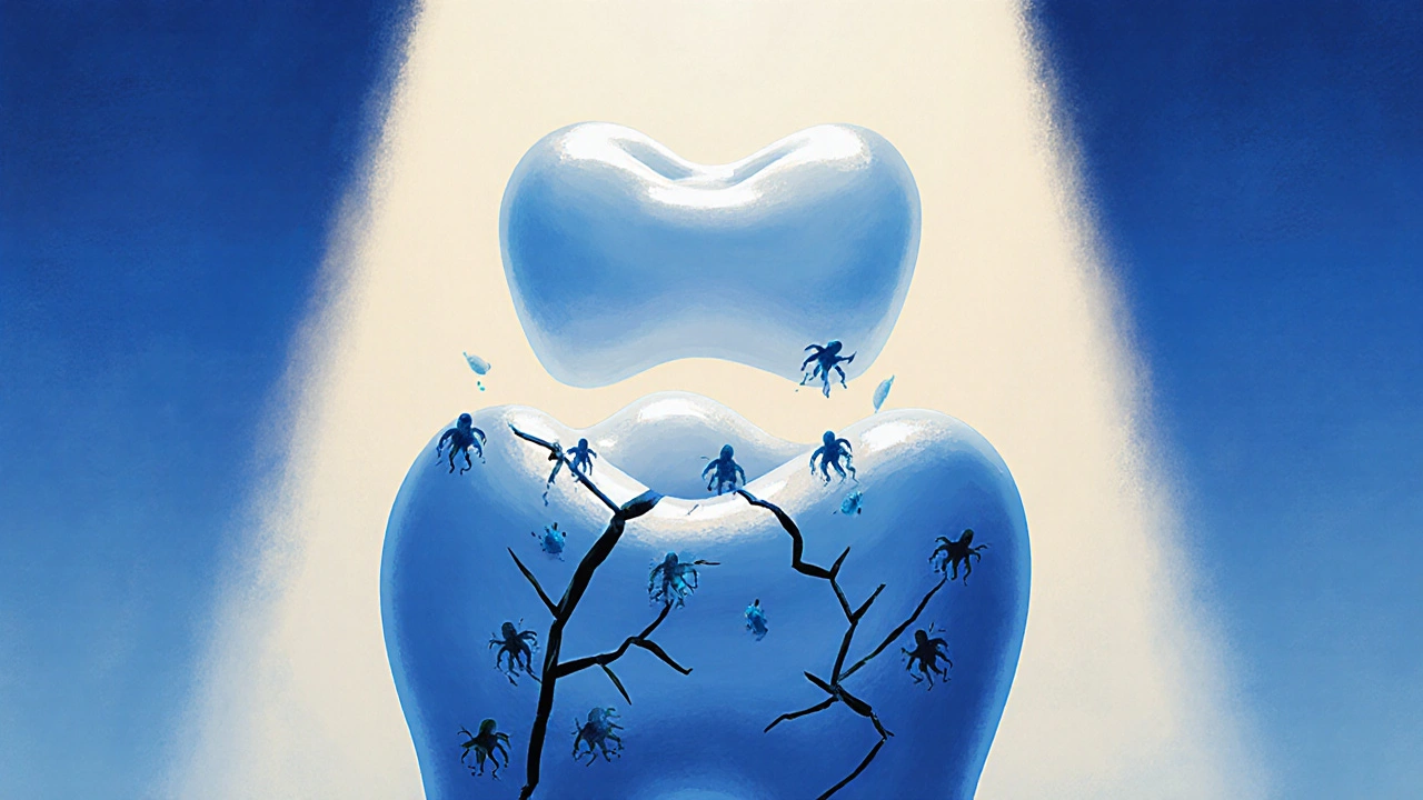 Zubní trhlina, která se mění v rozpadající se věž, chráněnou korunkou.