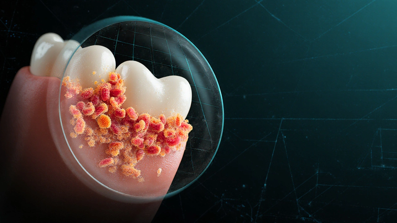 Zvětšený pohled na bakteriální biofilm na povrchu zubu.