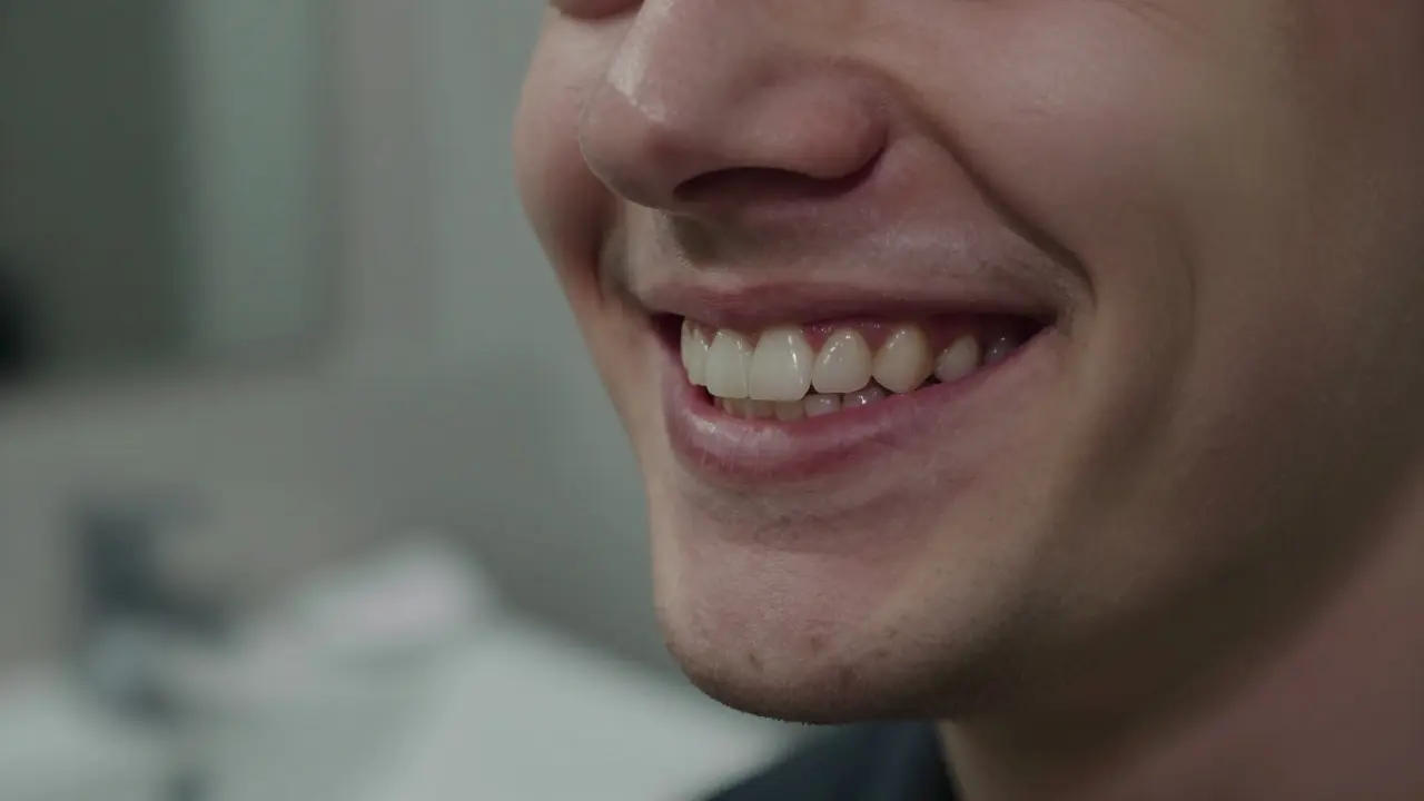 Člověk se dívá do zrcadla s nerovnoměrně bělými zuby – přirozené zuby světlejší než plomby a korunky.