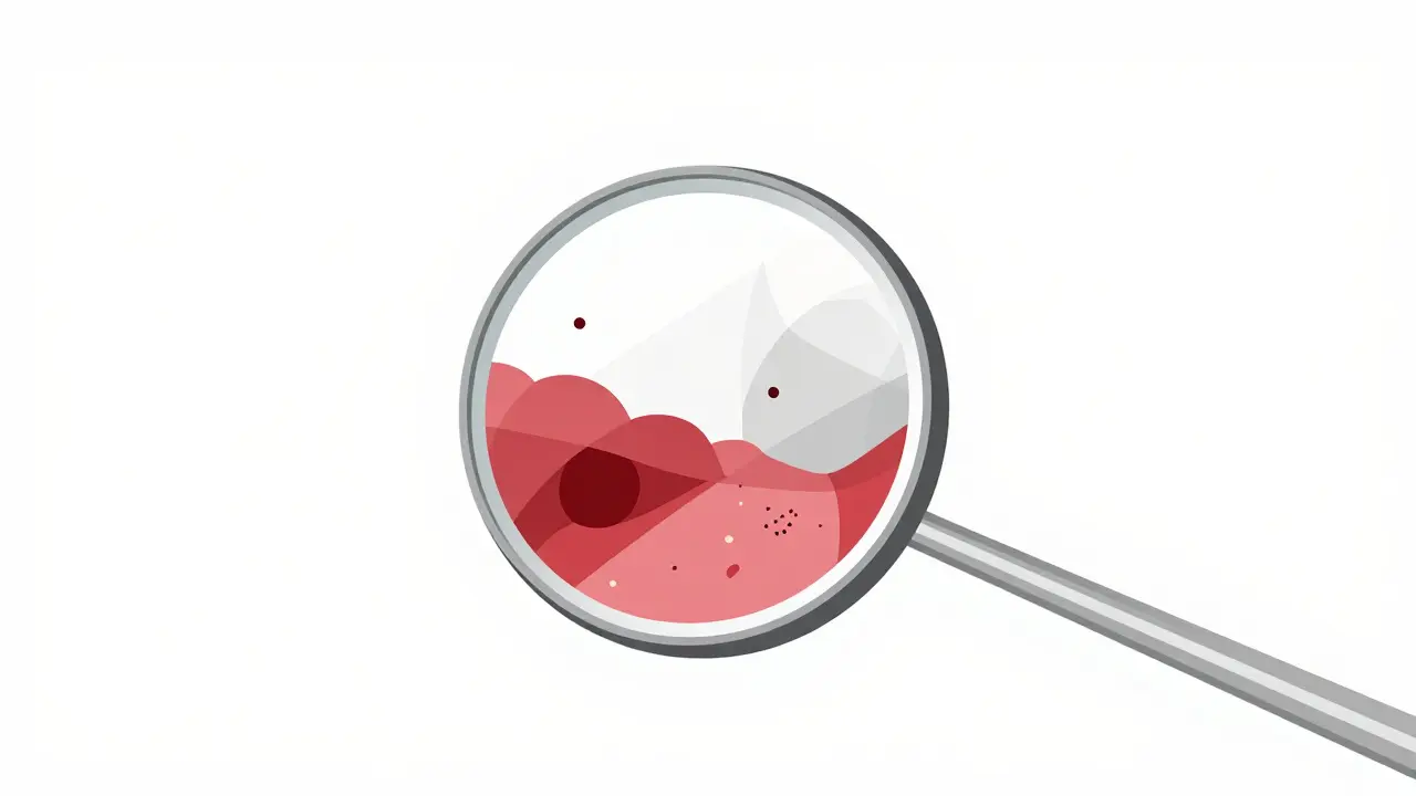 Dentální zrcátko odráží skryté problémy v ústech: kazy, zánět dásní a zbytky jídla.