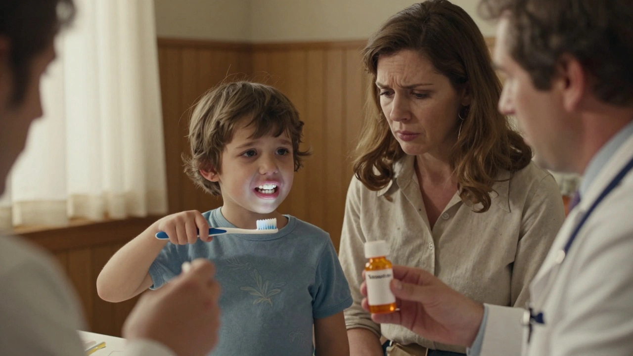 Dítě a matka s lékařem, lék tetracyklin je vidět na pozadí, zuby dítěte ukazují zbarvení.