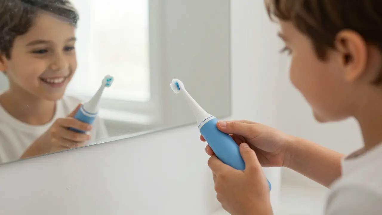 Dítě používá ultrazvukový čistič zubů pod dohledem rodiče ve sprše.