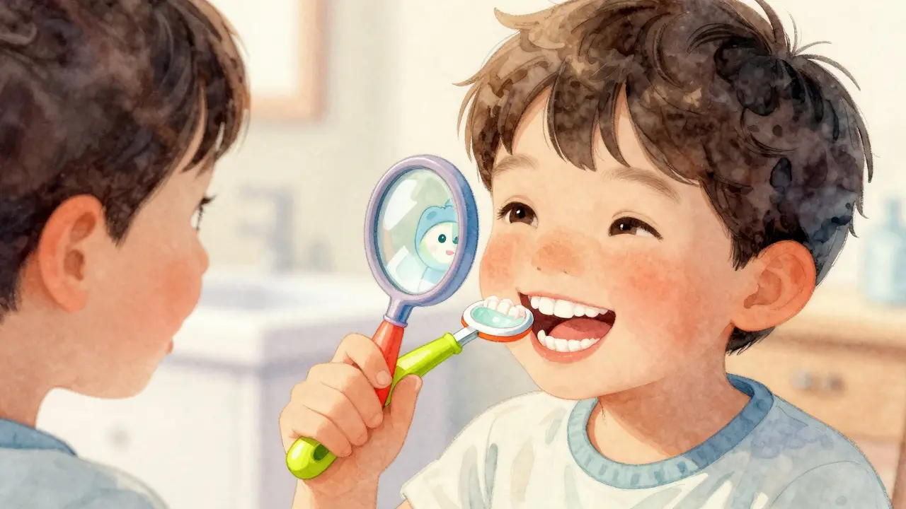 Dítě se dívá do dentálního zrcátka pod dohledem rodiče, barevné rukojeti zrcátka je vidět.