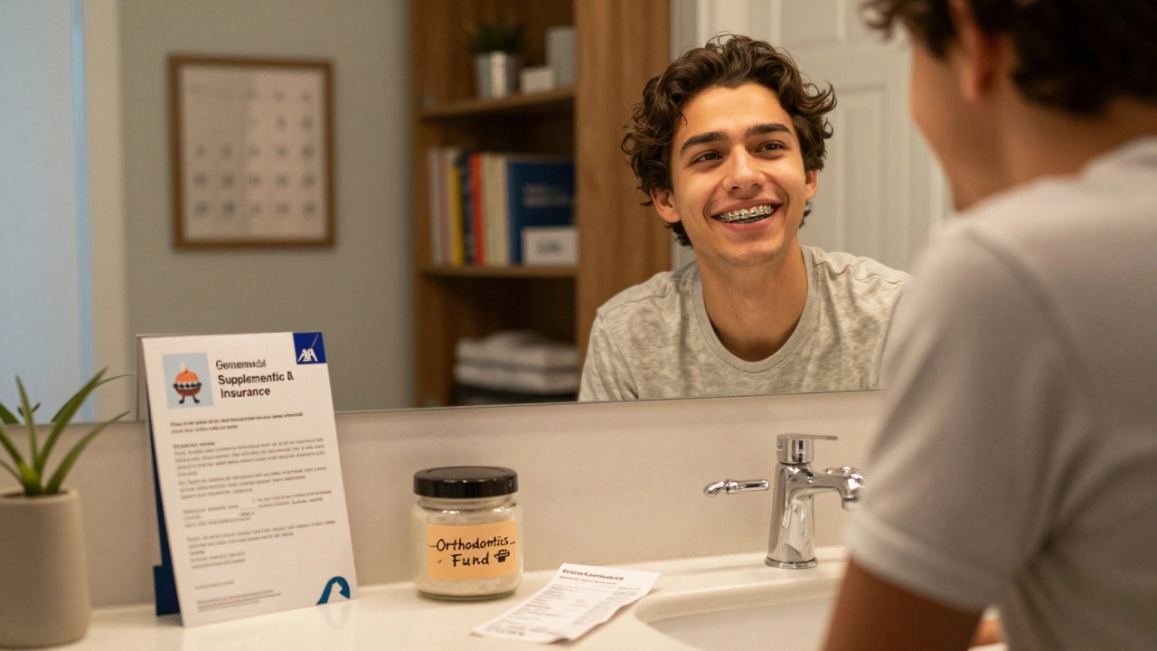 Dospělý s keramickými rovnátky smíří s doplňkovým pojištěním a úspornou bankou v koupelně.