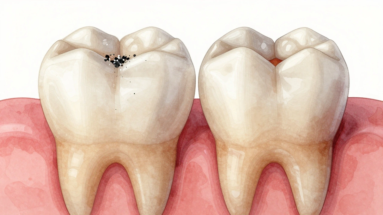 Dva zuby vedle sebe: jeden s povrchovými skvrnami, druhý s vnitřním zabarvením způsobeným stárnutím.