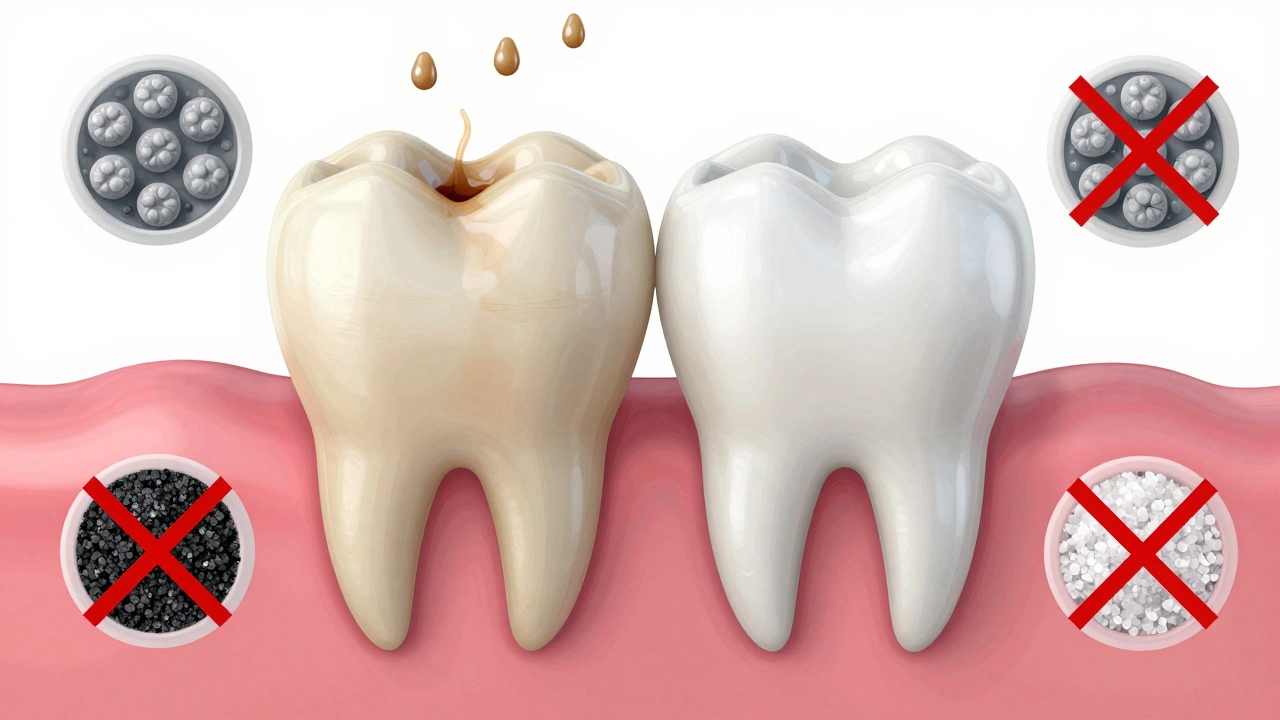 Dva zuby vedle sebe: jeden se skvrnami, druhý čistý, s mikroskopickými částicemi hydroxyapatitu a enzymů, abrazivní látky přeškrtnuté.