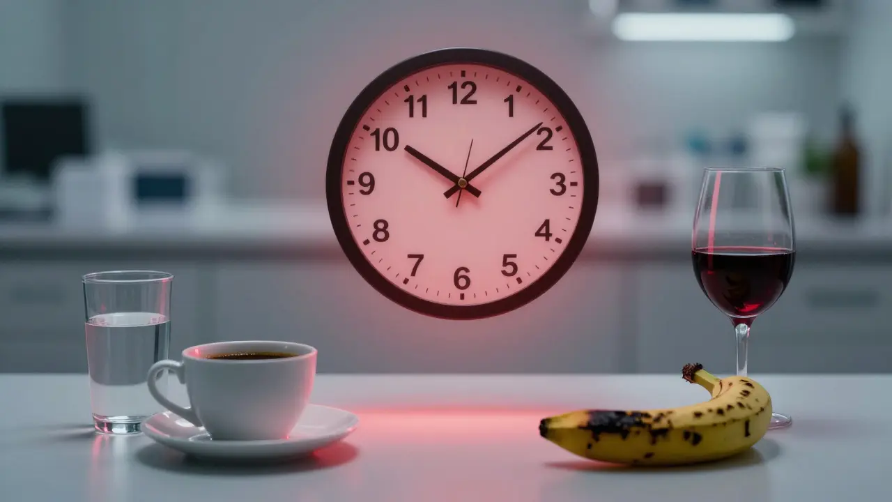 Hodiny ukazují 2 hodiny čekání po pískování zubů s nebezpečnými potravinami.