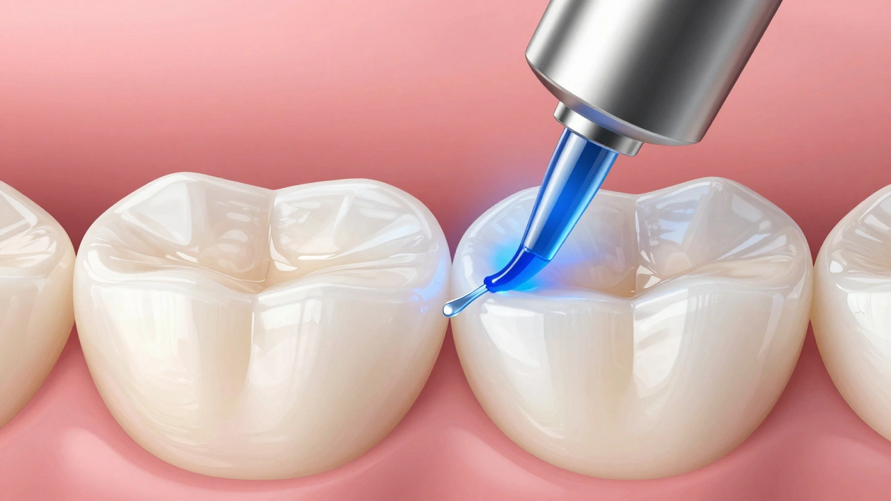 Keramické fazety jsou přilepeny k zubům pomocí modrého ztvrdovacího světla.