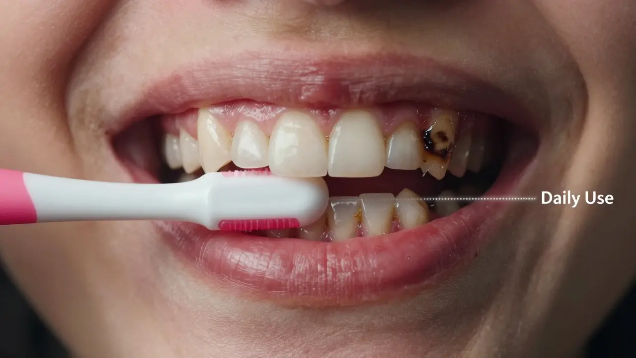 Kontrast mezi zdravými a poškozenými mezizubními prostory v ústech.