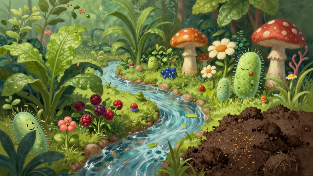 Konzceptuální obraz zdravého střevního mikrobiomu jako květinové zahrady