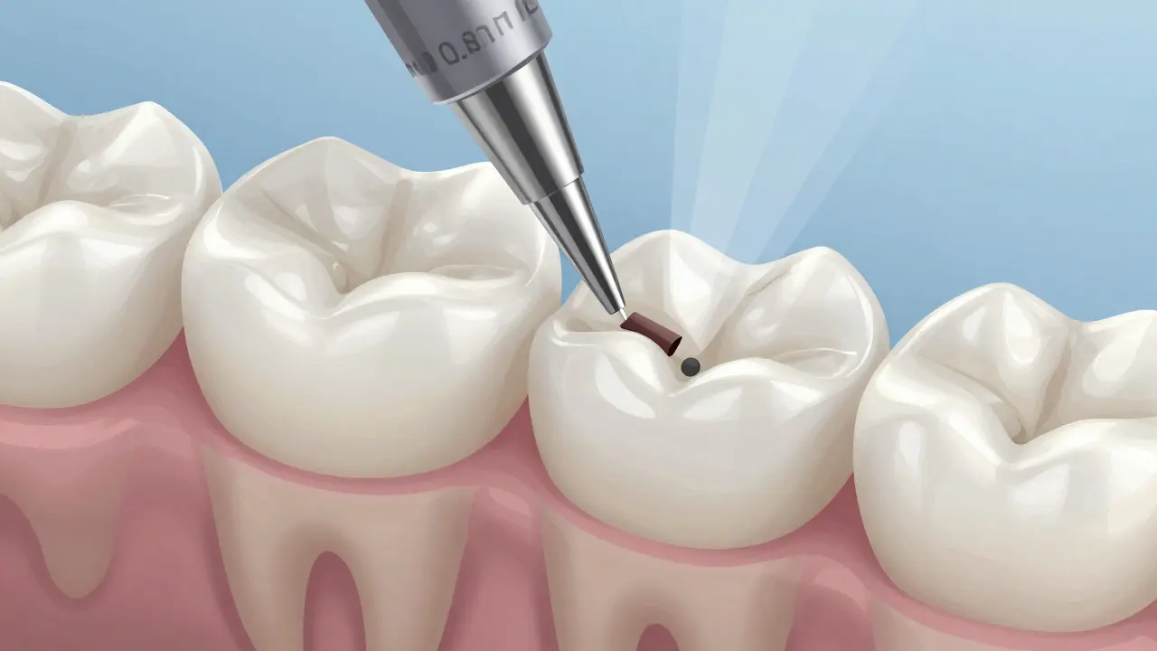 Magnified view of a dental crown being minutely polished without damaging the structure.