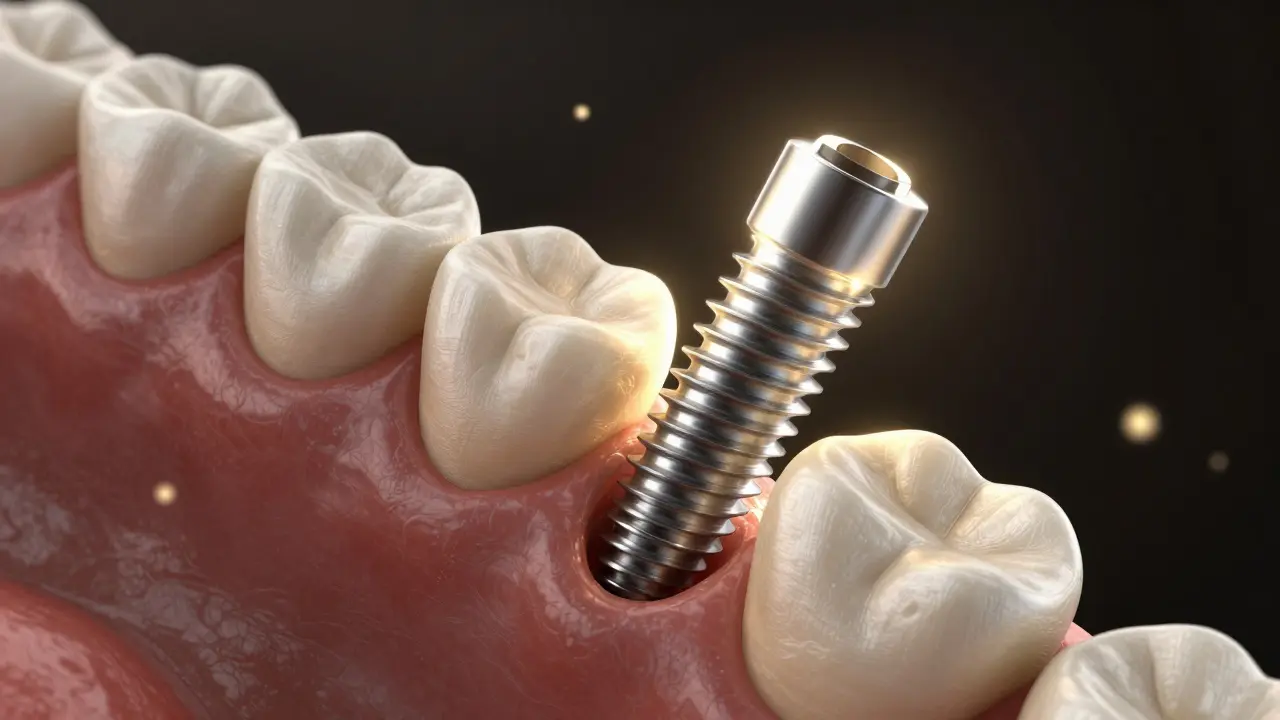 Mikroskopický pohled na kostní buňky růst kolem kovového implantátu.