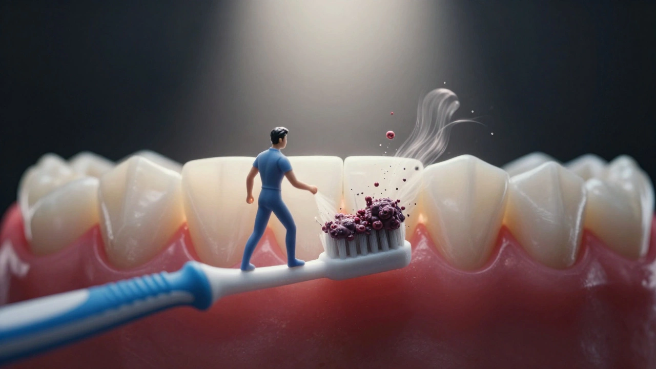 Miniaturní kartáček odstraňuje bakterie mezi zuby, vznikají zdravé dásně.