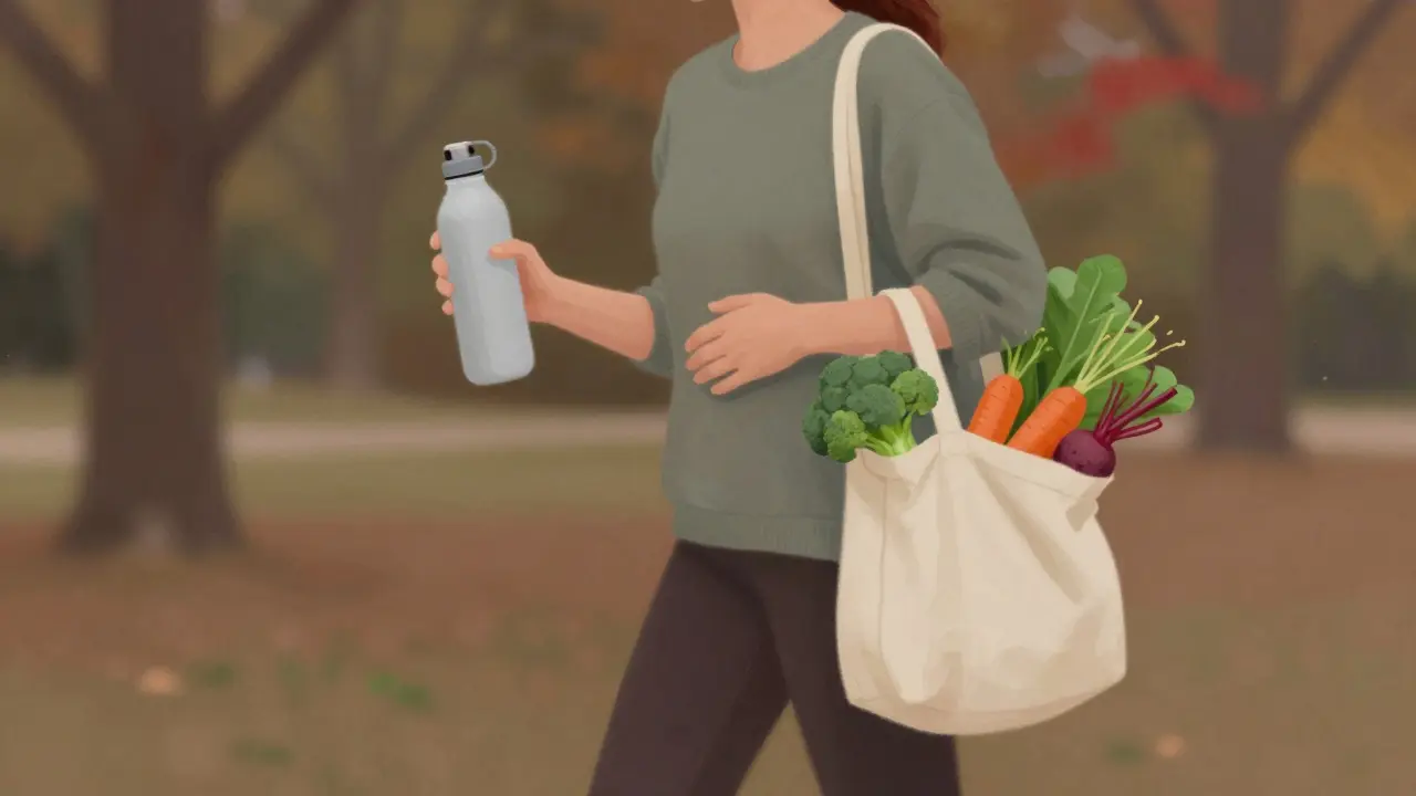 Osoba procházející parkem s občerstvením ze zeleniny a láhví vody