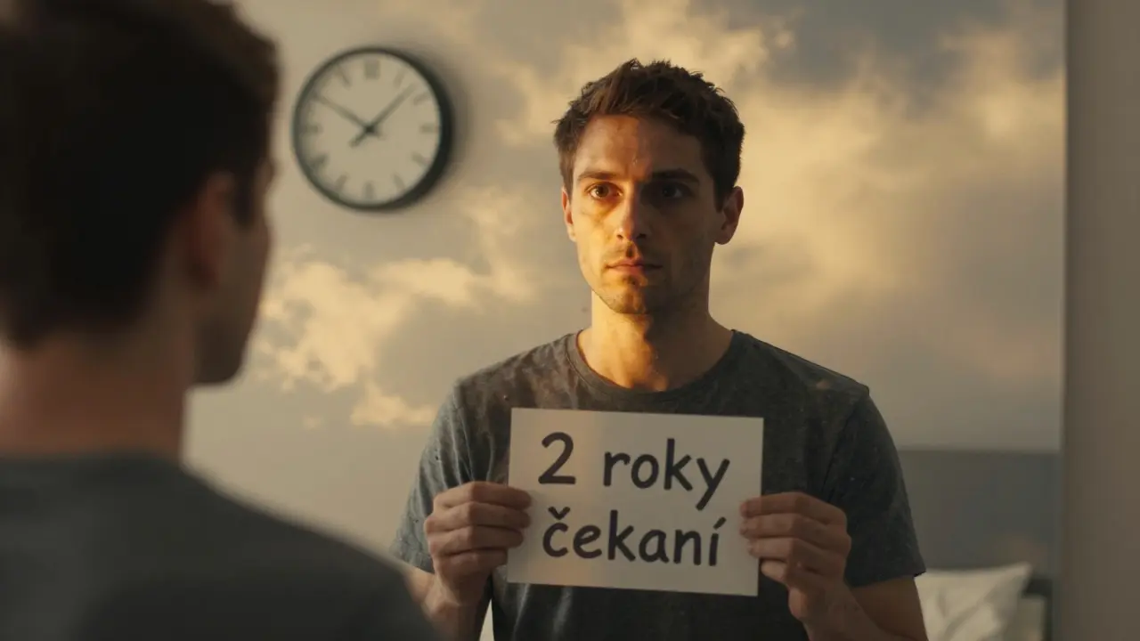 Pacient se dívá do zrcadla, kde jedna strana obličeje je zdravá, druhá zkreslená.