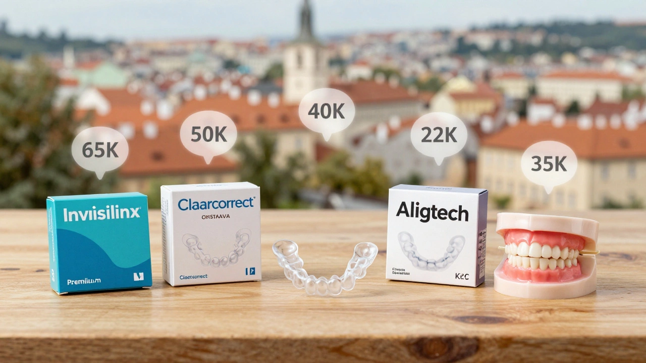 Pět typů průhledných rovnátek na stole s přibližnými cenami v korunách, včetně české značky Oramers.