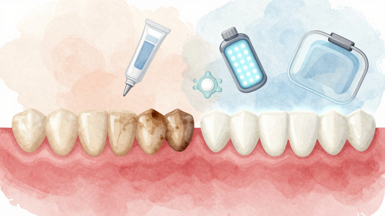 Porovnání tmavých a bělých zubů s ikonami bělícího gelu a LED světla.