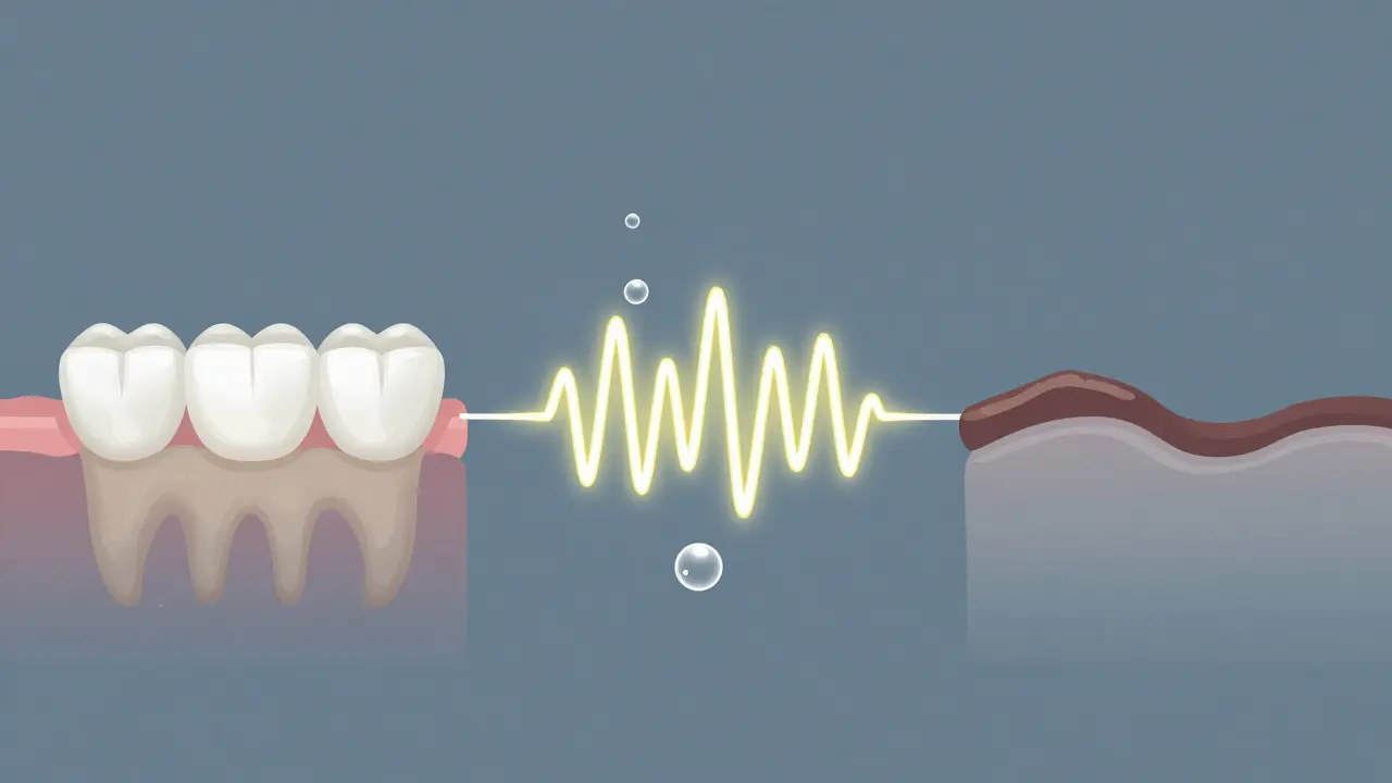 Porovnání vzniku plaku a zubního kamene s a bez ultrazvukového čištění.