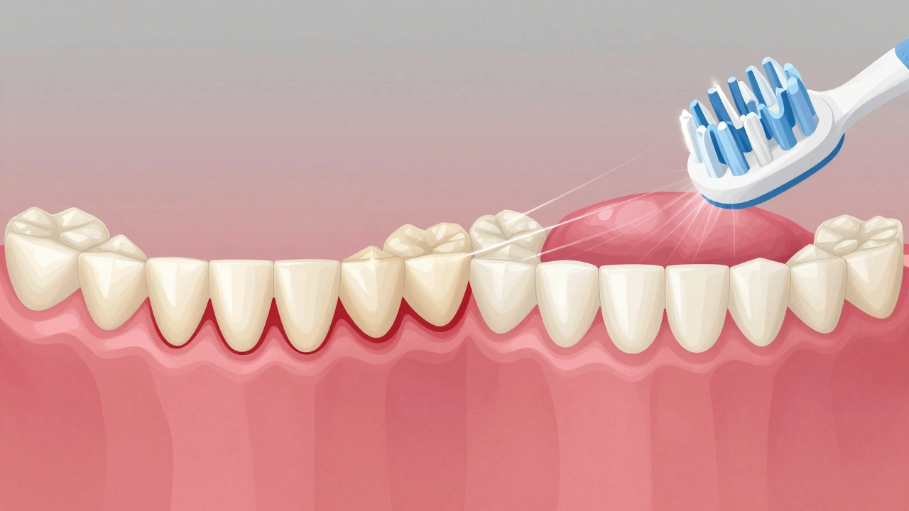 Porovnání zánětlivých a zdravých dásní mezi zuby po použití kartáčku.