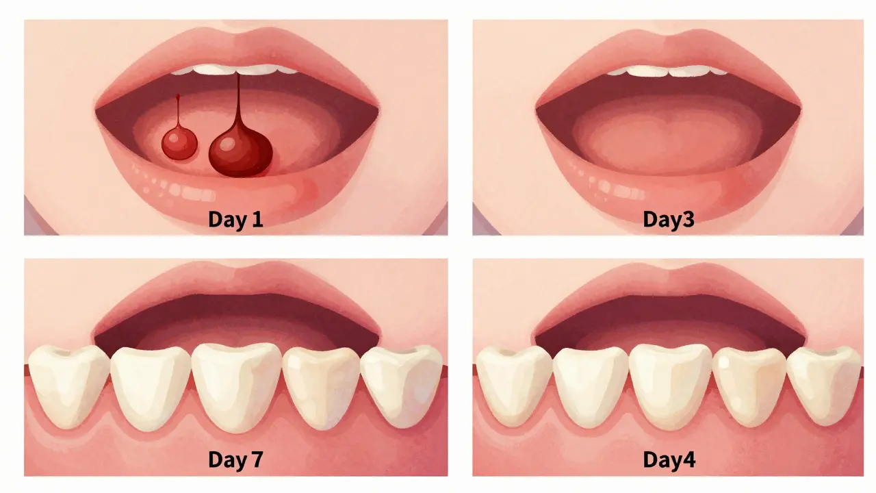 Postupné hojení dásní a kosti po vytažení zubu ve čtyřech fázích.