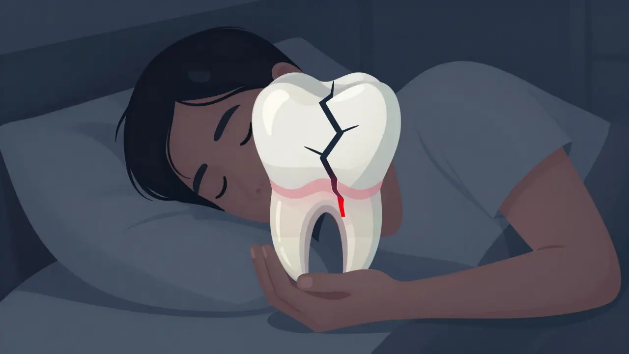 Představa nočního ochranného štítu a šířící se praskliny v zubu.