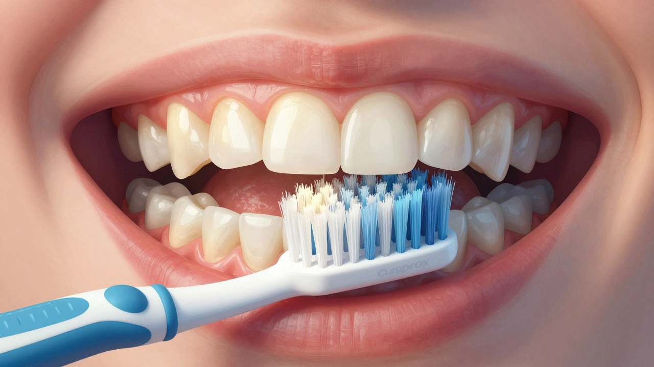 Přehledový náhled, jak jemné štětiny Curaprox čistí mezery mezi zuby bez poškozování dásní.