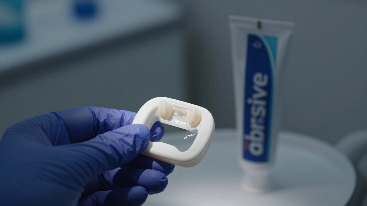 Profesionální bělící lišta vedle běžné zubní pasty, symbolizující rozdíl mezi povrchovým a hlubokým bělením.