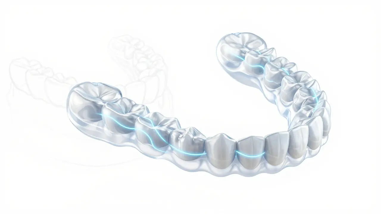 Průhledné alignery v letu s čárami ukazujícími postupné posunutí zubů.