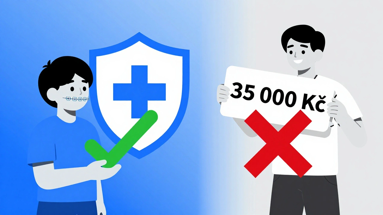 Rozdělený obrázek: dítě s kovovými rovnátky dostává schválení, teenager s keramickými plátí 35 000 Kč.